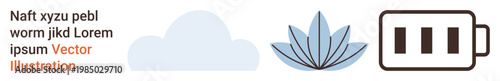 Wellness, environment, energy efficiency, mindfulness practices, sustainability, nature . Icons of a cloud, a lotus flower and a battery. Environment and energy efficiency concepts