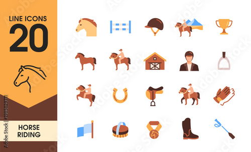 Horse Riding icon set. Colorful signs with horse, rider, horseshoe, saddle, medal and racing. Design elements for app or website. Flat hand drawn vector illustration collection isolated on background