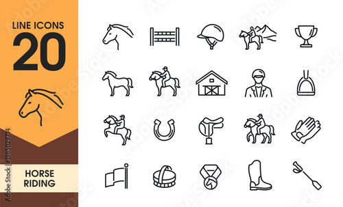 Horse Riding line icon set. Simple symbols with horse, rider, horseshoe, saddle, medal and racing. Editable stroke. Outline hand drawn vector collection isolated on background