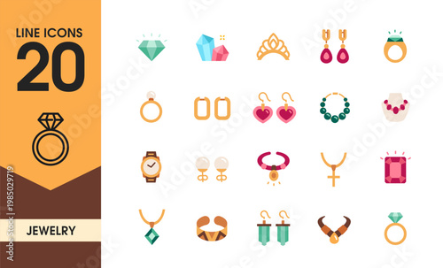 Jewelry Icons set. Colorful signs with bracelet, earrings, rings, chains, pendants and gemstones. Design for app or website. Flat hand drawn vector illustration collection isolated on background