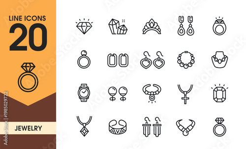 Jewelry Line Icons set. Simple symbols with bracelet, earrings, rings, chains, pendants and gemstones. Editable stroke. Outline hand drawn vector illustration collection isolated on background