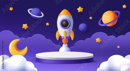 3D space kid podium. Space banner or background with stage, rocket, planets, stars and moon. Spaceship in galaxy. Product presentation. Cartoon hand drawn vector illustration in plasticine style