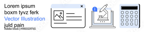 Scientific research, education, online tools, documentation, data analysis, technology. Icon set document interface, microscope on a laptop and calculator. Education and scientific research visuals