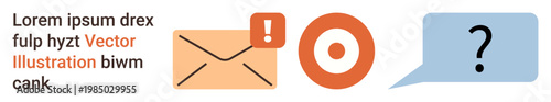Email communication, notifications, target audience, inquiry, messaging, user interface. Envelope with alert icon, target circle question mark in speech bubble. Email communication and notifications