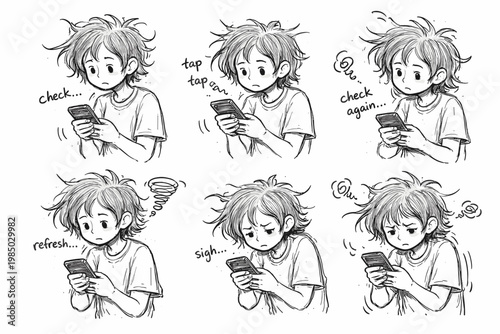 Messy person icon checking repeatedly hand drawn phone vector naive childlike check doodle