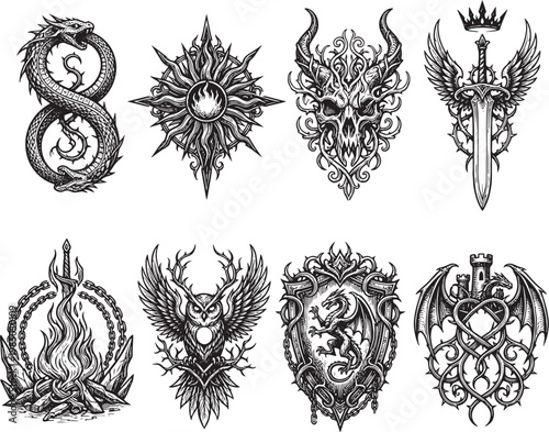 A set of symbols, badges, ornaments, and coats of arms. Medieval times, knights, fantasy, fairy tale. Engraving, illustration, etching. Hand drawn vector illustration
