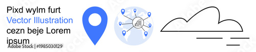 Navigation systems, cloud computing, network security, location services, global communication, digital platforms. Blue location pin, interconnected map simple cloud and text. Navigation systems