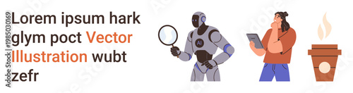 Artificial intelligence, digital transformation, human thinking, research, data analysis, routine. Robot with magnifying glass, person analyzing tablet coffee cup. AI and digital transformation