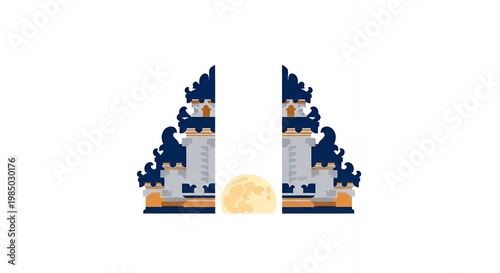 Stylized Traditional Balinese Gate with Full Moon in Night Sky