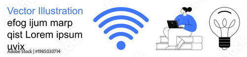 Remote work, innovation, technology, online learning, wireless communication, creativity. Blue wireless symbol, woman with laptop lightbulb icon. Remote work and innovation concept