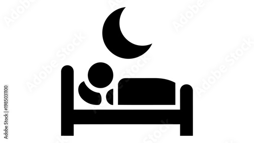 Black icon of a person sleeping in bed under a crescent moon at night