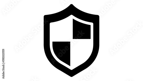 Black shield icon representing protection and security on a white background