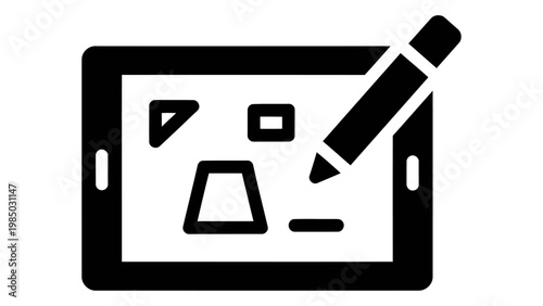 Digital design on tablet screen with stylus drawing geometric shapes, clean icon