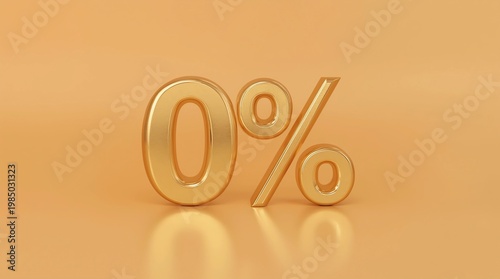Zero percentage gold sign and sale discount on golden background with special offer rate. 3D rendering