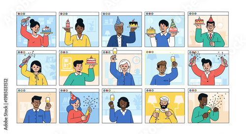 A virtual team comes together for a vibrant celebration with diverse people