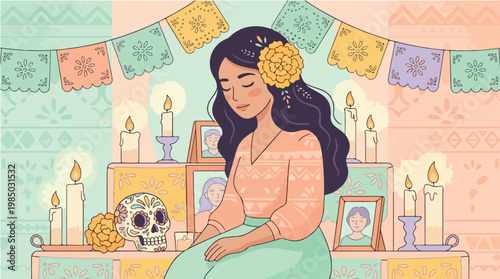 A young woman with a flower in her hair sitting in front of a colorful altar with candles and photographs on Day of the Dead.