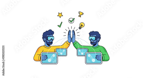 Two colleagues in a virtual team share a celebratory high-five on laptops