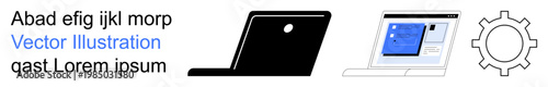 Technology, online tools, productivity, workflow systems, website design, digital interfaces. Laptop silhouette, online dashboard gear symbol. s technology and productivity