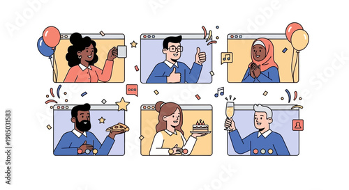A virtual team comes together for a joyful online celebration with diverse members.