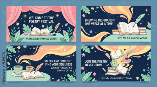 Collage of four illustrated poetry festival banners with books, coffee, and flowers on a dark blue background with colorful graphics and text.