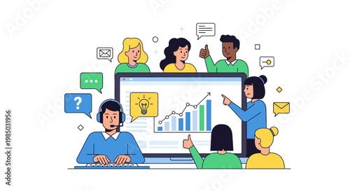 A virtual team comes together for a vibrant celebration around a large computer screen displaying graphs and charts.