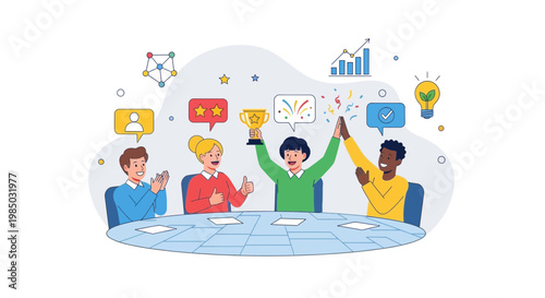 A virtual team comes together for a joyful celebration at a digital conference table.