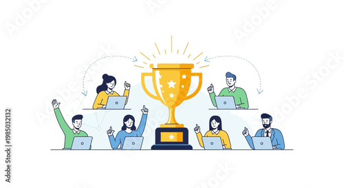 Virtual team celebrates with trophy and laptops in a joyful online achievement