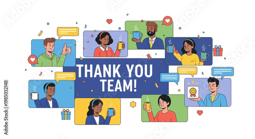 A virtual team comes together for a joyful online celebration with diverse colleagues.