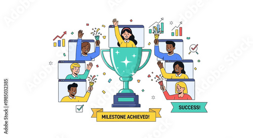 Virtual team celebrates milestone success with trophy and joyful people
