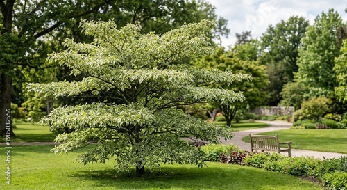 Lush green tree stands in serene park setting. Soft sunlight filters through dense foliage. Mature tree casts gentle shadow on grassy ground. Wooden bench rests beside winding garden path