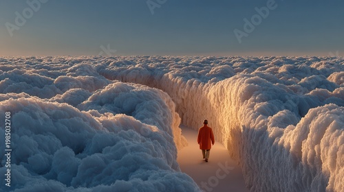 Dreamlike man walks cloud maze golden light