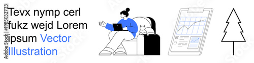 Remote work, productivity, data analytics, modern business, minimal design, lifestyle. Woman sitting with a laptop, clipboard with a graph tree outline. Remote work and productivity concept