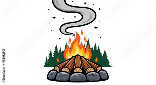 Campfire with smoke rising in a forest setting at night.