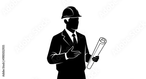 Silhouette of an architect holding blueprints and wearing a hard hat.