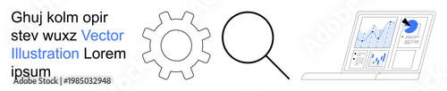 Data analysis, research, business insight, technology, productivity tools, digital trends. Gear, magnifying glass and laptop with analytics display. Data analysis and research illustrated