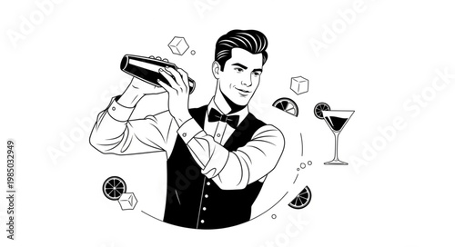 Bartender shaking cocktail in a retro style illustration.