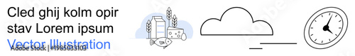 Data storage, sustainable agriculture, food production, time tracking, modern technology, digital solutions. Minimal icons of a cloud, dairy products and a clock. Data storage and sustainable