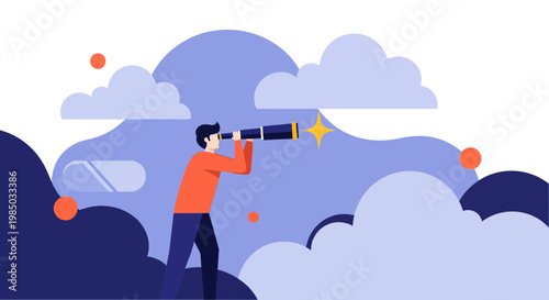 Man looking through telescope toward future goals and vision