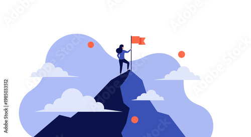 Successful Woman Standing on Mountain Peak Holding a Flag