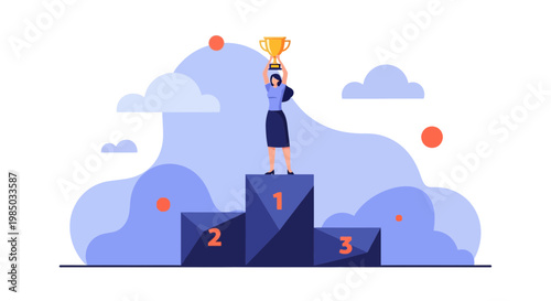 Successful woman holding gold trophy on first place podium
