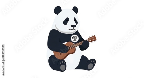 A panda bear playing a ukulele for world music day on 21 june flat vector illustration on white background