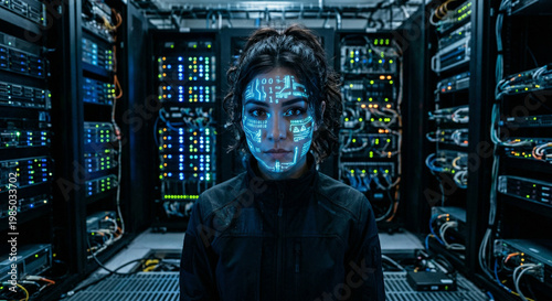 Cyborg woman stands in glowing server room. Blue digital patterns cover her face. Rows of servers pulse with green lights behind her. Dark cables and panels fill the background