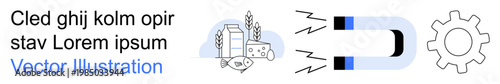 Food production, engineering, technology advancement, magnetism, industrial processes, automation. Cheese, milk wheat magnet icon gear icon. Food production and engineering concept