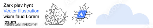 Artificial intelligence, cloud computing, nature, data storage, innovation, eco-technology. Illustration displaying an AI chip with circuit connections, flowers and a cloud. Artificial intelligence