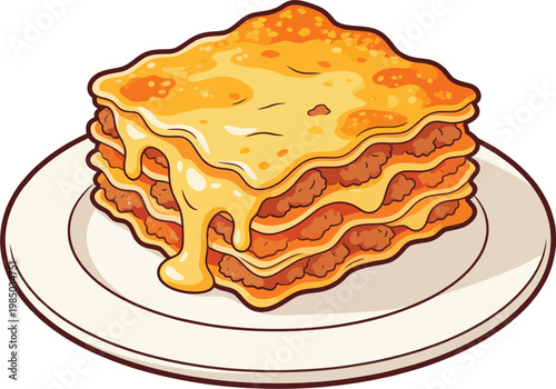 Delicious Cheesy Lasagna Vector Illustration, Layered Italian Pasta Slice with Melted Cheese and Meat Sauce on Plate