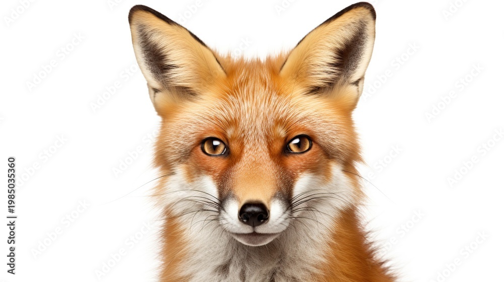 Fototapeta premium Close-Up Portrait of a Vigilant Red Fox with Orange Fur and White Background