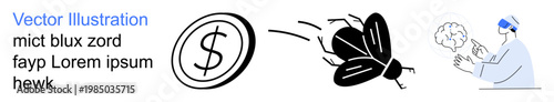 Finance, innovation, ideas, mental processes, creativity, business concepts. A dollar coin, a flying insect and a person engaging with a brain illustration. Finance and innovation concept