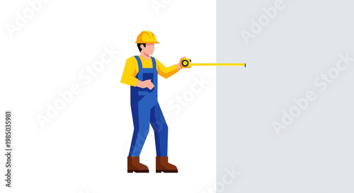 Construction worker measuring wall with tape measure tool contractor taking precise dimensions for building renovation project house room extension or furniture installation.