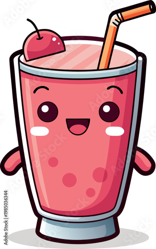 Cheerful pink smoothie glass character with cherry and orange straw in kawaii vector style.