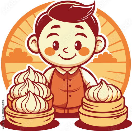 Baker boy smiling with cupcakes and pastries cheerful adorable isolated on transparent background.
